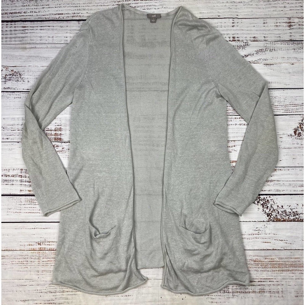 J Jill Cardigan Women Sz S Gray Linen Blend Long Sleeve Long Line Duster Sweater